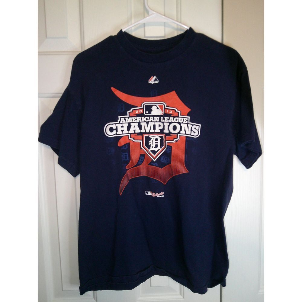 Vintage Majestic Detroit Tigers 2012 American League Champs MLB SS TShirt Navy L